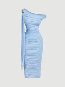 Vestido de longitud media con hombro asimétrico ajustado, fruncido y decoración de hebilla metálica para mujer - Azul - Ver 1