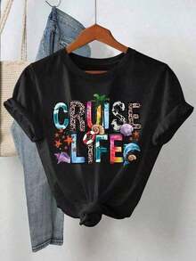 100% cotton Camiseta de manga corta con cuello redondo y estampado de letras "Cruise Life" para mujer - Blanco y azul marino, top corto con hombros descubiertos para el Día de San Patricio - Negro - Ver 6
