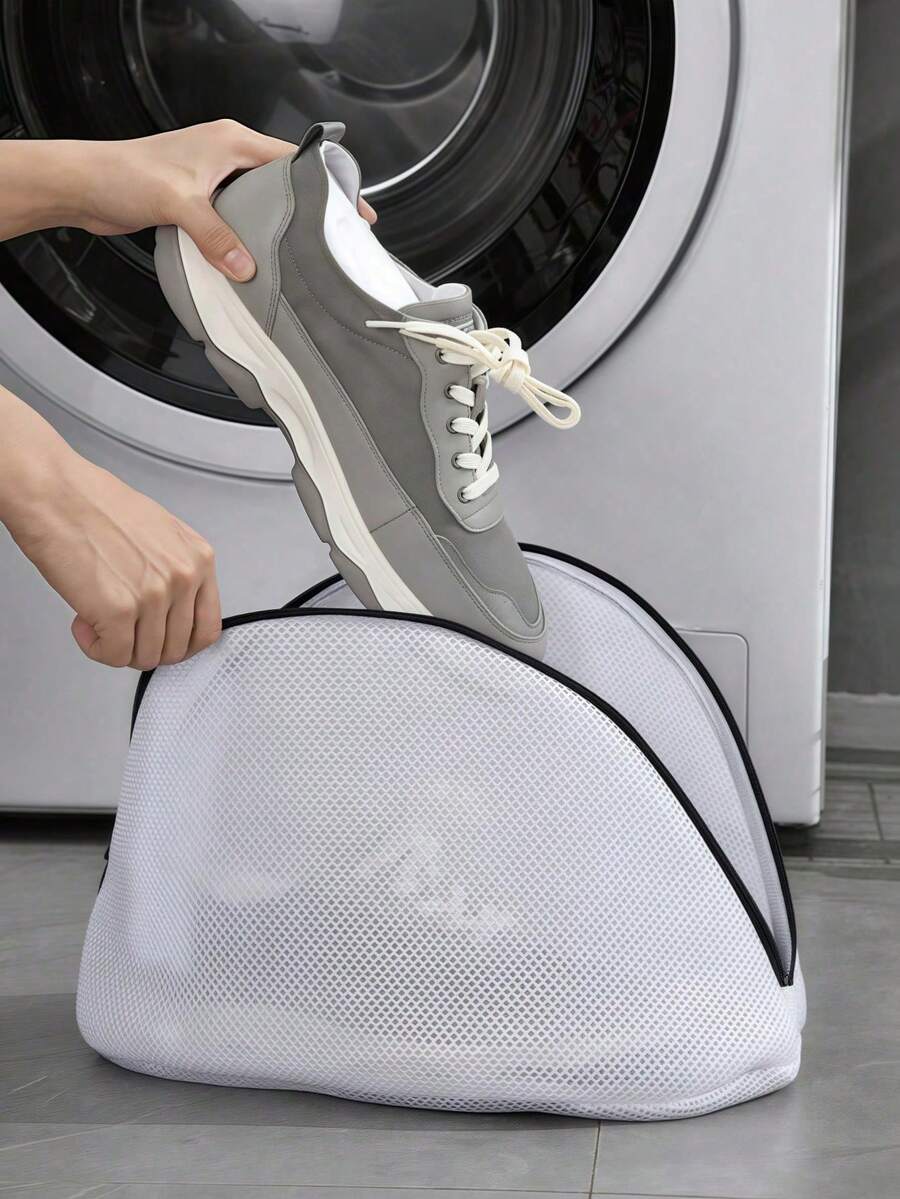 1pc White With Black Zipper Shoe Washing Bag, Shoe Storage Bag, Household Shoe Washing Bag, Shoe Washing Filter Net Bag, Laundry Bag, Washing Machine Filter Bag, Anti-Deformation Laundry Bag, Anti-Entanglement Laundry Bag, Anti-Stain Laundry Bag, Travel Shoe Storage Bag, Suitable For Dresses, Pants, Shoes, Jeans, Boots, Suitable For Spring And Summer, Minimalist Style - A - View 1