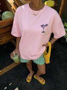 Women's Casual Loose Fit Beach T-Shirt With Lobster Stripe And Letter Print, Summer Beach Shirt, Pastel Colors, Suitable For Vacations, Graduation Trips, Beach Parties, Music Festivals - 淡粉紅色 2 - 查看 2