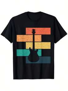 Camiseta para hombre retro de música con guitarra eléctrica, ropa de calle transpirable Sht Sve, cuello redondo, apta para primavera, verano, otoño, ropa casual para conciertos, festivales, atuendo diario 2026, camiseta de talla grande, ajuste casual y cómodo, tela duradera, atuendo diario, diseño clásico, material suave, camiseta estampada, ropa para adultos, regalos de festividades - Negro - Ver 1