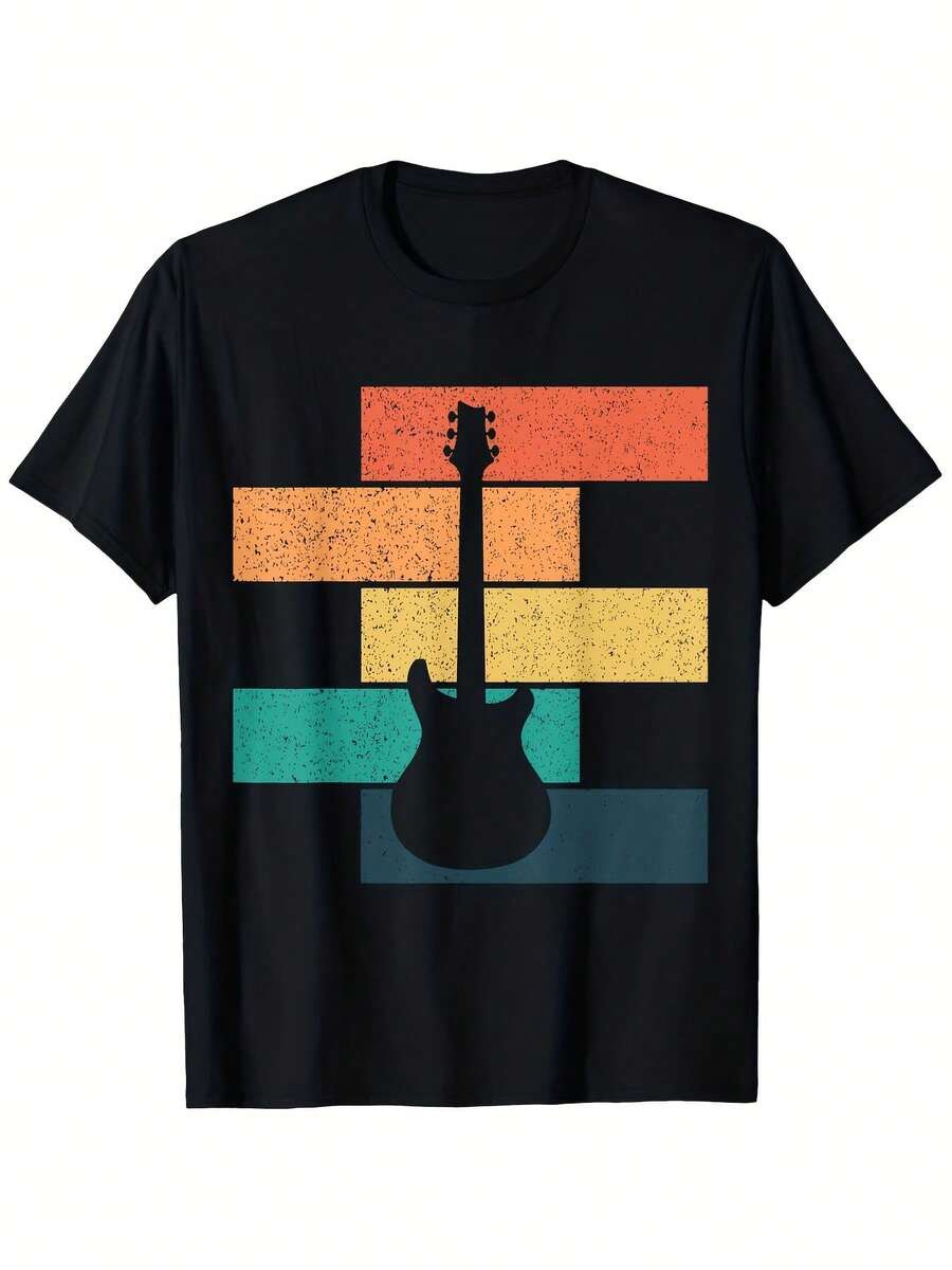 Camiseta para hombre retro de música con guitarra eléctrica, ropa de calle transpirable Sht Sve, cuello redondo, apta para primavera, verano, otoño, ropa casual para conciertos, festivales, atuendo diario 2026, camiseta de talla grande, ajuste casual y cómodo, tela duradera, atuendo diario, diseño clásico, material suave, camiseta estampada, ropa para adultos, regalos de festividades - Negro - Ver 1