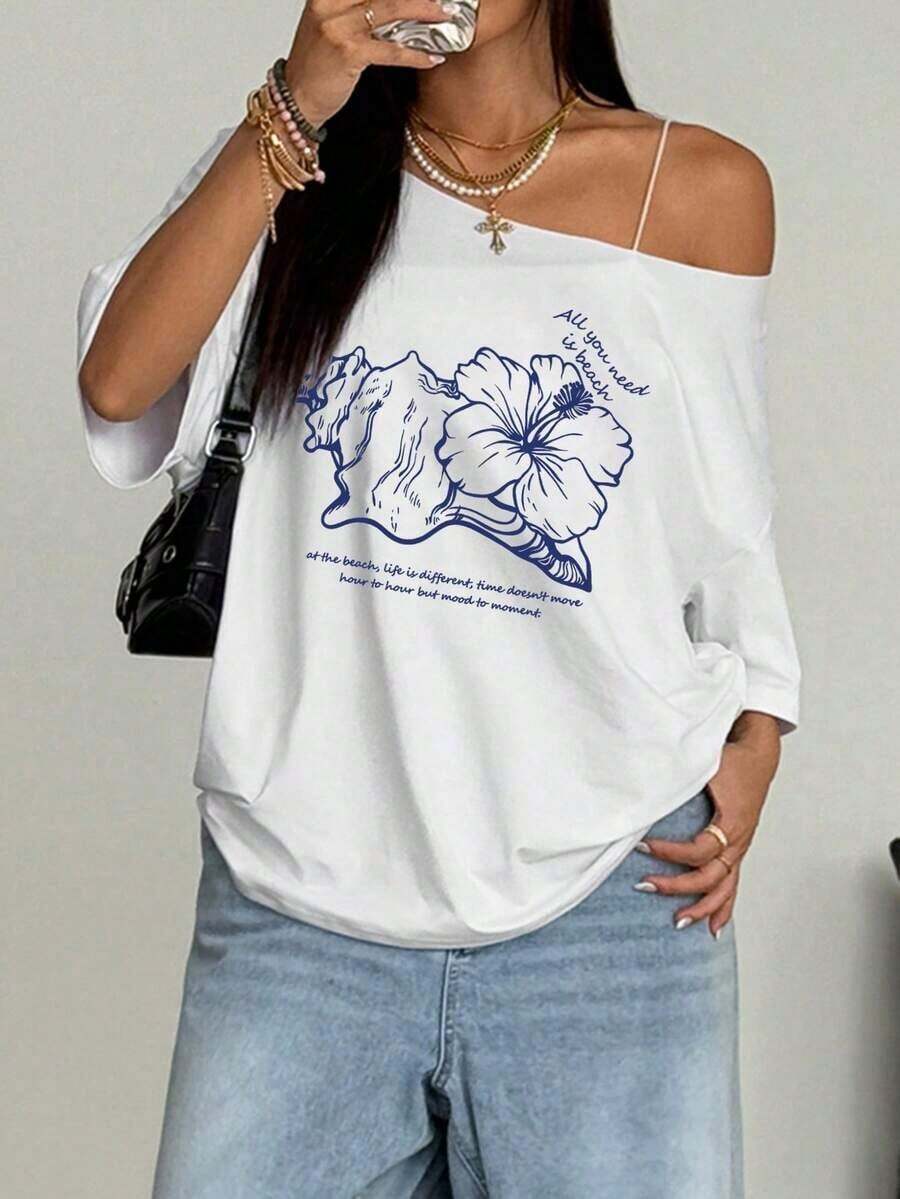 Fashionable Printed Women's T-Shirt, Loose-Fitting Urban Style Top, Comfortable, Elegant And Versatile For Summer, Size S. Loose-Fitting White Women's T-Shirt For Summer, Beach Style. - 白色 - 查看 1