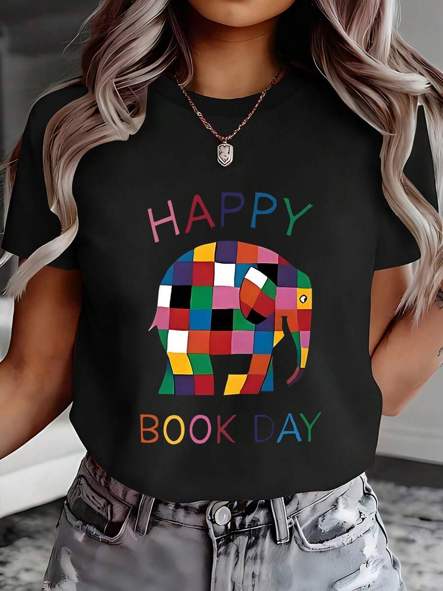 Día del Libro Alegre, Elefante de Bloques Coloridos, Resaltado sobre un Fondo Negro, Lleno de Diversión, Sudadera con Estampado Direccional para Primavera y Verano, Top Casual de Cuello Redondo, Camiseta de Manga Corta, Top Cómodo para Mujer 10244 - Negro - Ver 1