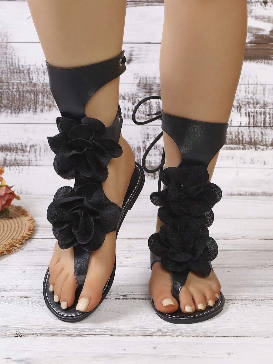 Women's Hollow-Out Floral High-Top Lace-Up Flat Sandals, Solid Color Elegant Resort Fashion Bohemian Casual Sexy PU Leather Hollow-Out Women Flat Sandals, Summer,Flip Flops - Black - View 1