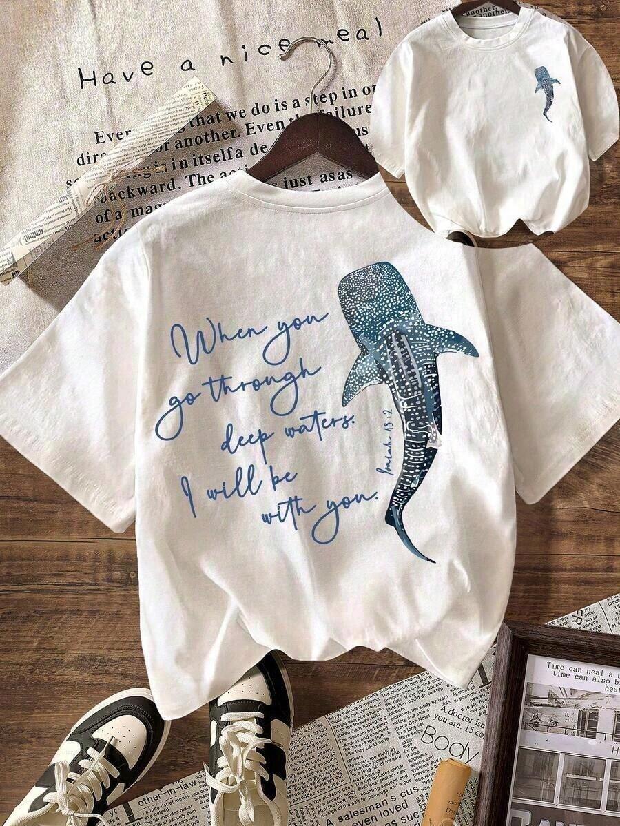 Camiseta 100% Algodón con Gráficos de Vida Marina, Océano, Playa y Versículos Bíblicos, Estilo Cristiano Costero, Camiseta Casual de Manga Corta con Cuello Redondo para Mujer, para Verano, Vacaciones, Playa, Camiseta Blanca de Moda, Ropa de Verano para Mujer, Ropa Country Western para Mujer, Playeras de Mujer - Blanco - Ver 1