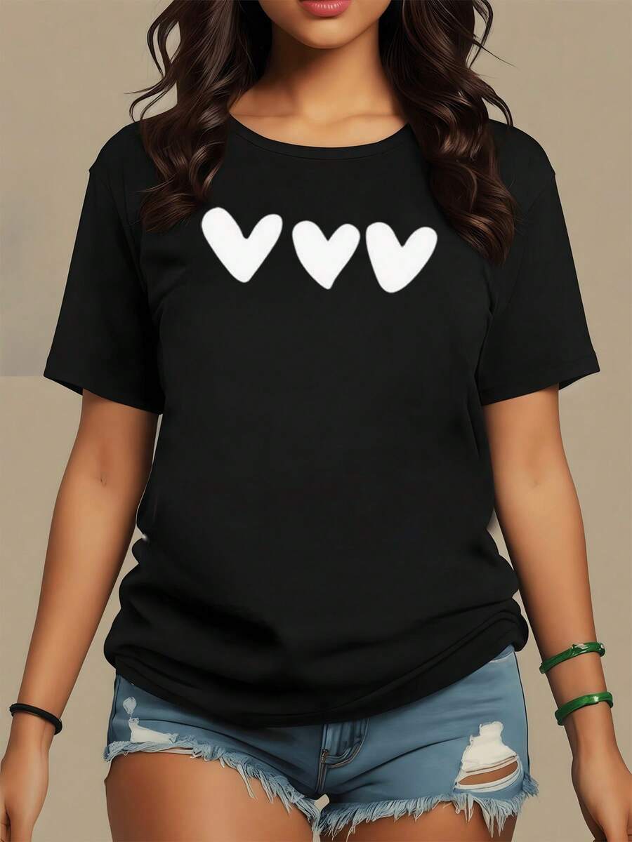 Three White Hearts Joined Together Symbolize Purity, Unity, And Positive Energy, Reflecting A Message Of Love And Harmony. Ideal For Expressing Happiness And Confidence. Comfortable Casual Women's T-Shirt For Everyday Wear. - 黑色 - 查看 1