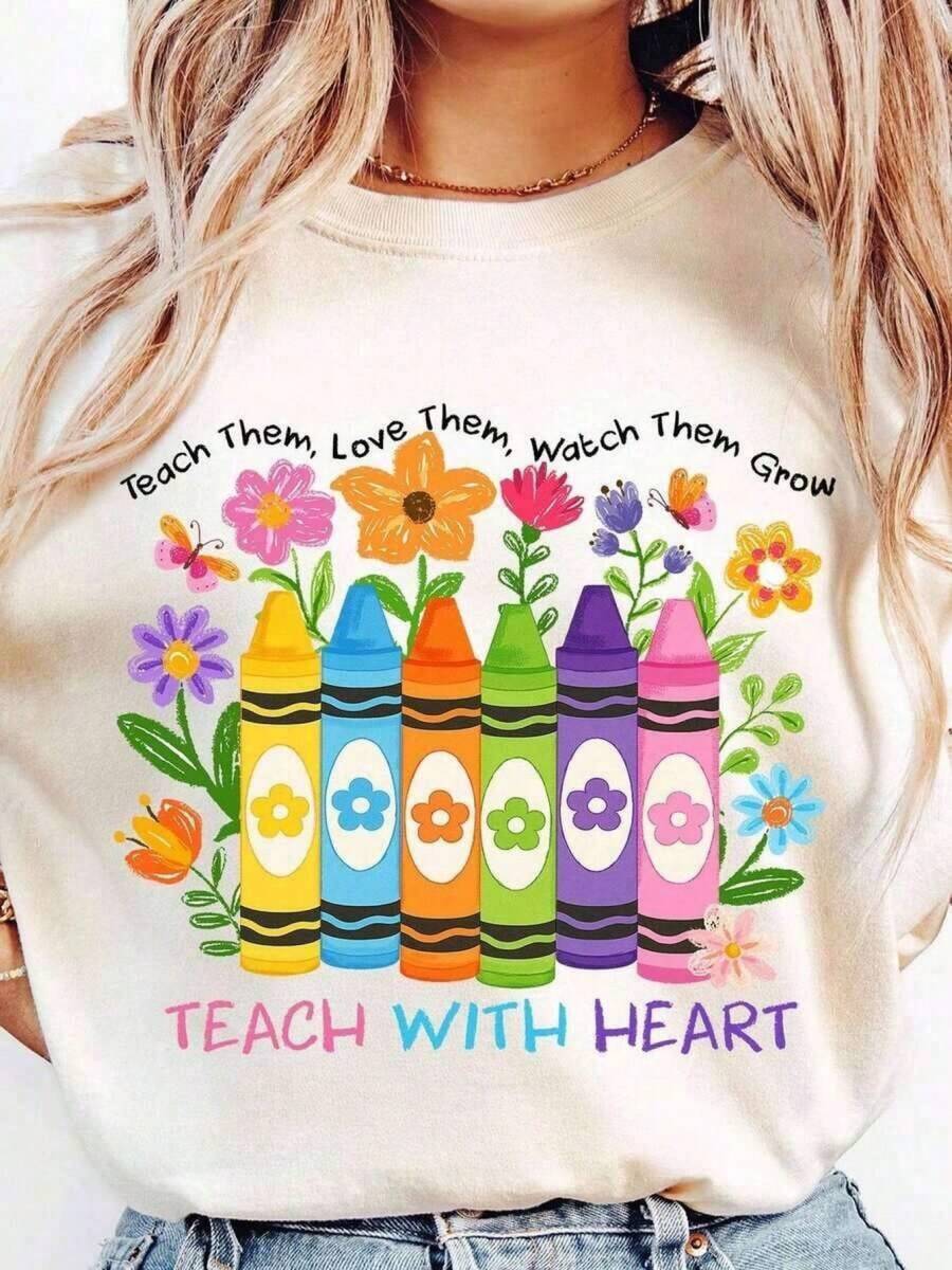 Cotton And Breathable | Teacher Appreciation T-Shirt - Heart Teaching Graphic, Pastel Colors - Soft And Breathable Cotton Daily Gift For Teachers For Teacher's Day, Back To School - Casual Clothing For Teachers, Unisex Summer Top 9TFE - 白色 - 查看 1
