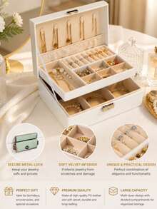 1pc 2-Layer Premium Jewelry Storage Box, Necklace, Earrings, Bracelet, Ring Organizer, French Elegant Jewelry Box, High-End Oxidation Resistant Jewelry Display Case With Lock, Large Capacity Multi-Compartment Jewelry Tray - Multicolor - View 2