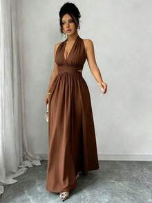 Elegante vestido sin mangas con cuello en V, diseño hueco en la cintura y pliegues, color morado, nueva llegada de primavera/verano - Marrón - Ver 7