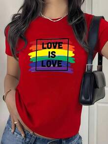 con estampado digital arcoíris Love is Love Camiseta de mujer con cuello redondo temática orgullo LGBT 220 gramos 1 unidad de 100% algodón estilo moderno diseño casual - Rojo - Ver 1