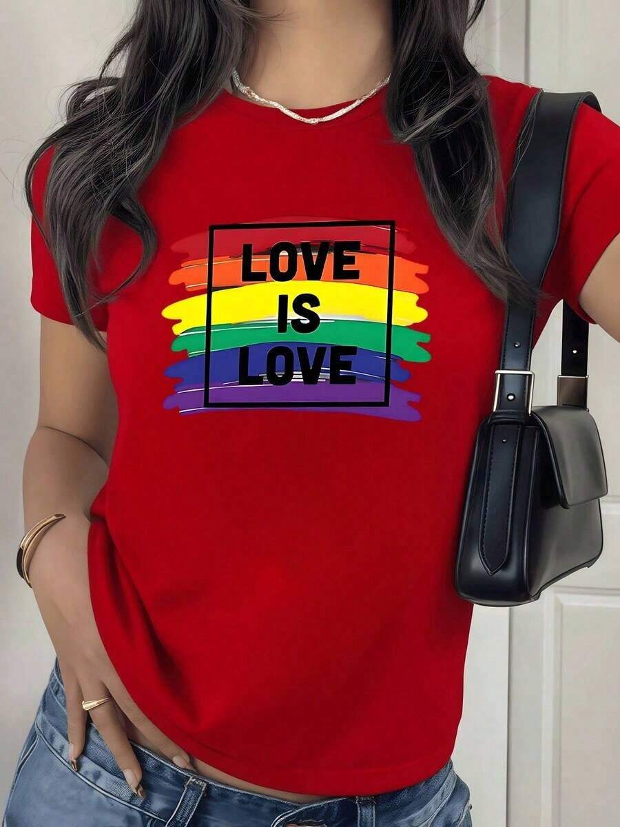 con estampado digital arcoíris Love is Love Camiseta de mujer con cuello redondo temática orgullo LGBT 220 gramos 1 unidad de 100% algodón estilo moderno diseño casual - Rojo - Ver 1