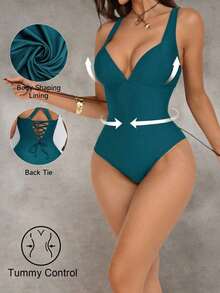 Traje de baño de una pieza con control de abdomen y push-up, con parches de color marrón, cordón de ajuste elegante y sexy, para fiestas y piscina - Agua verde azul - Ver 3