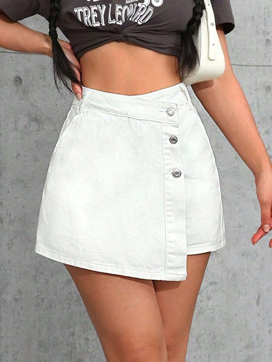 Envoltorio de falda pantalón denim con dobladillo asimétrico de unicolor - Beis - Ver 1