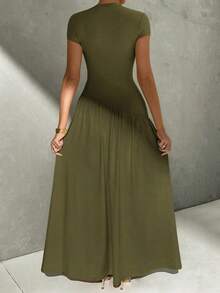 Vestido de línea A de manga corta, de cuello, ajustado, con bajo asimétrico, de uso diario, de estilo minimalista y elegante - Verde militar - Ver 2