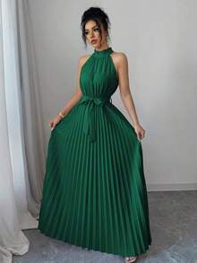 Vestido elegante de corte evasé para mujeres con cuello de volantes y cintura ceñida para el Día de San Valentín, romántico - Verde Oscuro - Ver 5