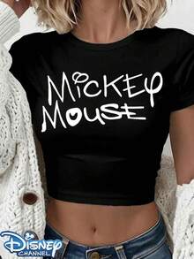 Genuine Disney New Mickey Mouse Handwritten Signature Text Print Design, Ladies' Casual Short T-Shirt With Round Neck And Slim Fit, Basic Polyester Fiber Tops In Summer Are Versatile For Everyday Wear, Comfortable And Loose, Ideal For Giving Her A Perfect Gift, Washable, Holiday Outfits For Women Festival Outfits Women Lineshirt Women White Top. - 黑色 - 查看 1