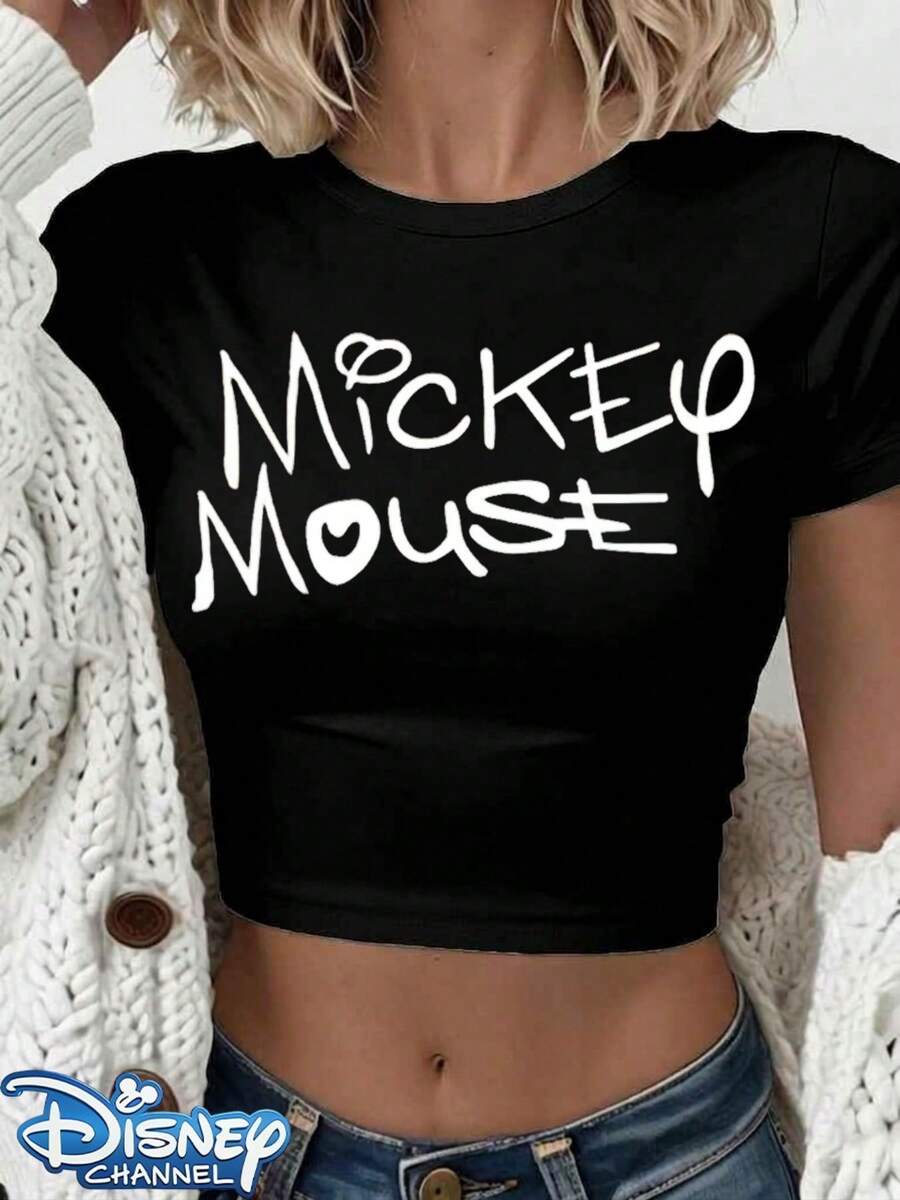 Genuine Disney New Mickey Mouse Handwritten Signature Text Print Design, Ladies' Casual Short T-Shirt With Round Neck And Slim Fit, Basic Polyester Fiber Tops In Summer Are Versatile For Everyday Wear, Comfortable And Loose, Ideal For Giving Her A Perfect Gift, Washable, Holiday Outfits For Women Festival Outfits Women Lineshirt Women White Top. - 黑色 - 查看 1