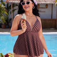 Swim Mod Plus Size Women's Polka Dot Print Deep V-Neck Ruffle Top Paired With Regular Trousers, Flattering Silhouette Beach Atmosphere Women's Swimwear Set - Multicolor - Ver 4