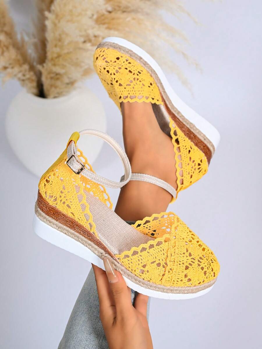 Giày sandal đế xuồng bằng vải lanh mới mùa hè dành cho nữ, sandal đế dày kiểu La Mã đan rỗng với quai điều chỉnh được. - Màu vàng - Xem 1