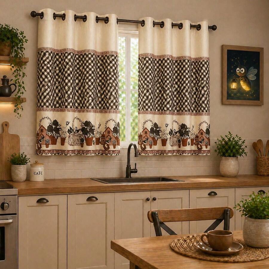 Oxford Printed Kitchen Curtain 2.00 X 1.40 - Rust Brown - View 1