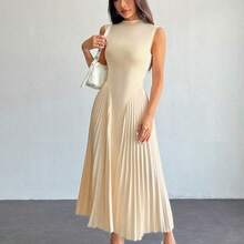PETITE Women Elegant Pleated Tight-Fitting A-Line Dress Black - Celeste - Ver 7