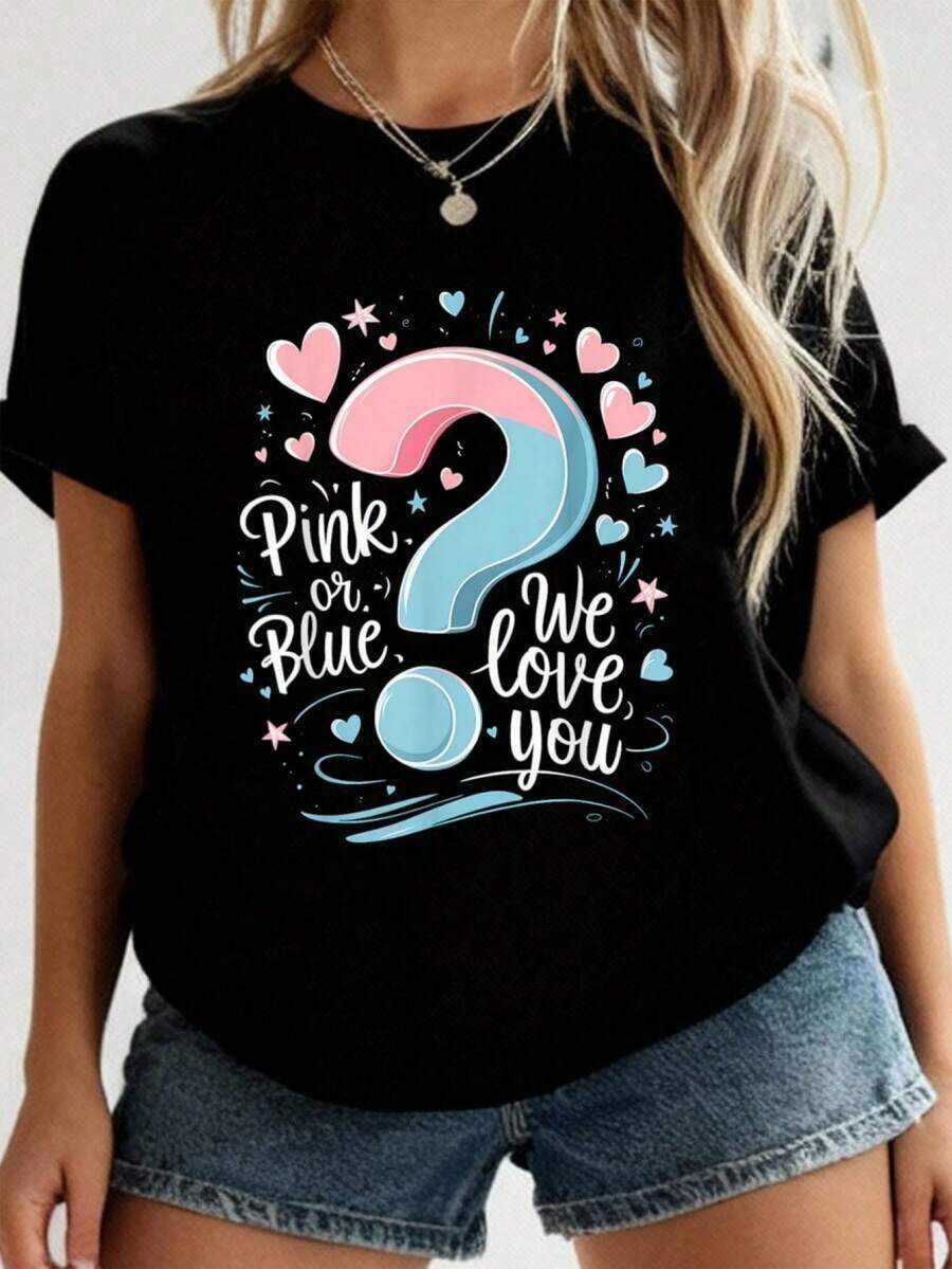 Camiseta de Revelación de Género Rosa o Azul Te Amamos 2026 Nueva Camiseta Impresa para Mujeres, Camiseta de Otoño para Mujeres, Camiseta de Invierno, Camiseta de para Mujeres FYXF - Negro - Ver 1