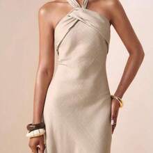 Spring 2025 New Arrivals Easter Birthday Parties Dates Everyday Outings Basic Versatile Casual Vacation Cruise Travel Beach Trending Hits Street Style Bohemian Chic Commuter Wear Brunch Outfits Airport Style Parties Holidays Elegant Banquets Dances Daily Commute Leisure Refined Elegance Street Fashion Minimalist Commuter Halter Neck Backless Pleated Detail Asymmetrical Design Hidden Pockets Elastic Waistband Asymmetrical Pleated Halter Neck Elastic Waistband Back Neckline A-Line Maxi Dress - Caqui - Ver 1