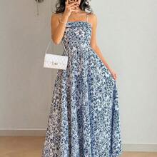 Women's New Waist-Cinching Spaghetti Strap Backless Blue & White Porcelain Ditsy Floral Dress, Fashionable & Elegant Casual Holiday Dress - Multicolor - Ver 2