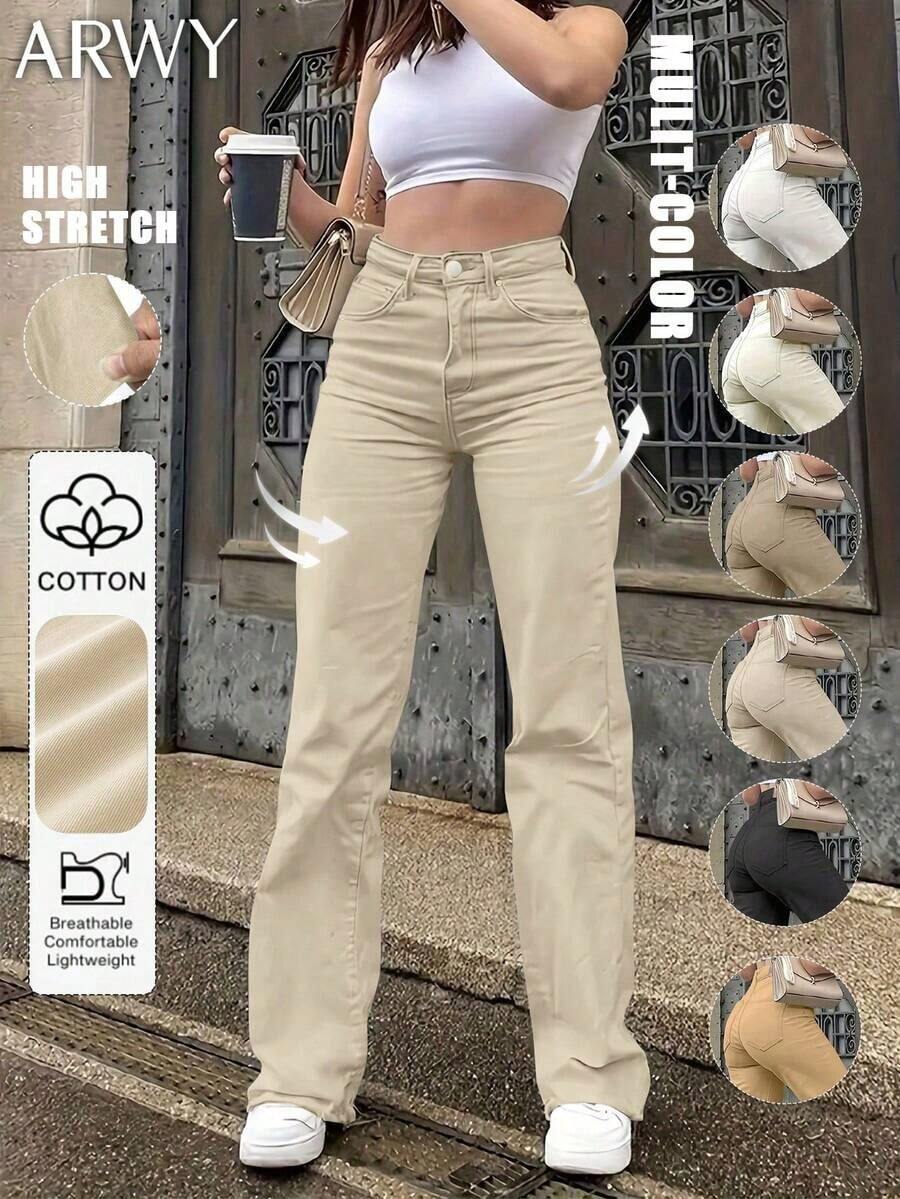 Jeans de cintura alta, unicolor, de corte y ajustado, de estilo minimalista y versátil para mujer, aptos para uso casual, viajes, citas, todas las estaciones, vuelta al colegio, Pascua, Día de la Independencia, Carnaval, Navidad, primavera - Albaricoque 2 - Ver 1