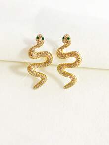 1 Đôi bông tai hình rắn chữ S thời trang đính đá Cubic Zirconia và kim cương, thiết kế độc đáo với mắt đá quý màu xanh lá cây, trang sức tiên phong phù hợp cho Halloween, sinh nhật, đeo hàng ngày, tiệc tùng và kỷ niệm. - Vàng - Xem 3