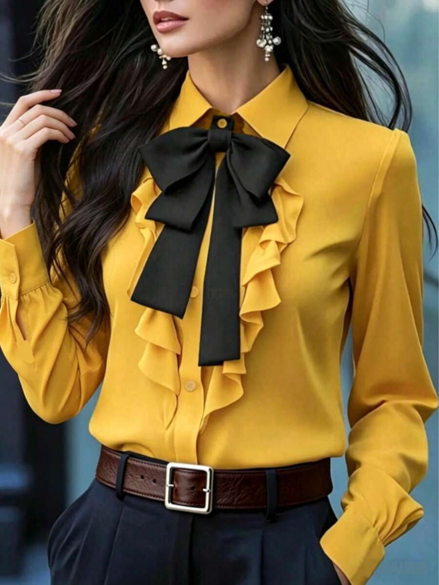 Camicetta elegante e alla moda da donna a maniche lunghe, con colletto a cravatta nera, arricciature e dettagli con fiocco, vestibilità regular, adatta per l'ufficio e l'uso quotidiano in primavera, autunno e inverno - Zenzero 1 - Visualizzare 1