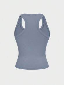 Camiseta de tirantes de mujer Floreya con cuello cuadrado, top corto casual de ajuste ceñido sin mangas, versátil para usar por sí solo o en capas, estilo minimalista francés, apto para todas las estaciones, verano - Niebla azul - Ver 4