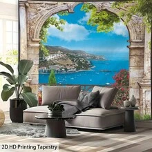 1 pezzo Arco di pietra ornato con paesaggio di città costiera, con vista sul Mar Mediterraneo e stampa di edifici costieri, per camera da letto, soggiorno, dormitorio, decorazione per la casa, in tessuto di poliestere, opera d'arte da parete con paesaggio naturale - Balcone costiero in stile europeo - Visualizzare 6