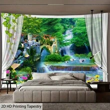 1件窗帘框瀑布小镇风景挂毯，饰有层叠瀑布、石头房屋和仙鹤图案，适用于卧室、客厅、宿舍家居装饰，涤纶面料，梦幻自然墙面艺术挂毯 - 瀑布古鎮窗景款 - 查看 1