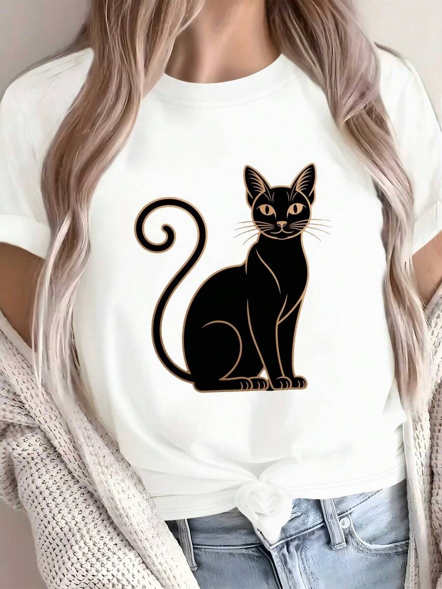 Camiseta Minimalista de Gato para Mujer en Rojo y - 100% uste Cómodo, Ropa Casual con Diseño Silueteado del Cola Negra, Top Versátil Todo-Tempor Inspirado por el Maneki-Neko Japonés (Gao Suertudo), Patrón Geométrico, Lavable a Máquina, Caída Rel, Arte Estilizado de Gata Nera, Telura, I Para Amantes De Los Felinos