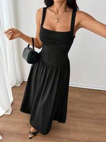 Vestido evasé de unicolor marrón café con cuello cuadrado elegante para mujer, primavera/verano - Negro - Ver 4