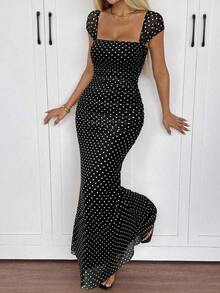 Vestido de verano de cola de pez con dobladillo largo y puntos polka de malla para mujer - Blanco y Negro - Ver 5