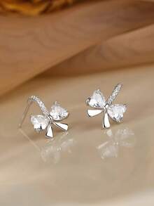 1 Pair S925 Sterling Silver Elegant Bowknot Earrings, Inlaid With Shiny Synthetic Cubic Zirconia, Luxurious Refined Versatile Earrings, Suitable For Girl's Daily Wear, Party Decoration Matching, Perfect Gift - Bow - View 5