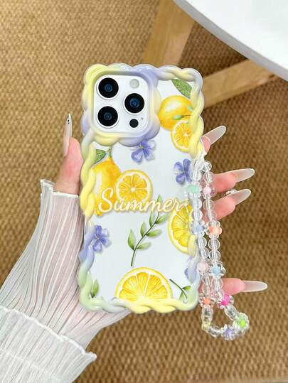 Lemon Painted Braided Wave Trim Beige Detachable Bracelet Charm Minimalist Thick Shockproof Phone Case Compatible With IPhone 17/17 Pro, 15 Pro Max, 16/16 Pro/16 Pro Max, 16 Plus, 15 XR, 7/8, 15 Pro Max, 12 Pro Max, 13 Pro Max, 14 Pro Max, 13, 14, 11, 12, 14