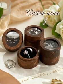 Kotak Cincin Kustom dengan Desain Dua Slot, Gaya Retro, Nama dan Tanggal Terukir, Organizer Perhiasan untuk Hadiah Pernikahan, Lamaran dan Ulang Tahun, Penyimpanan untuk Pesta dan Dekorasi Rumah - MultiWarna - View 2