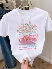 Soft  Camiseta de manga corta con cuello redondo y estampado de flores de cerezo casual para mujer, verano pattern - Blanco - Ver 1