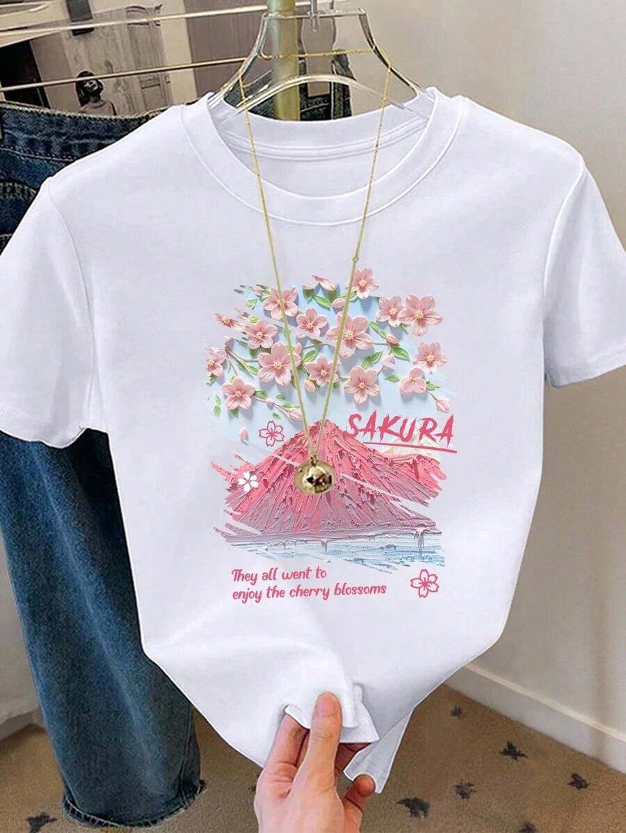 Soft  Camiseta de manga corta con cuello redondo y estampado de flores de cerezo casual para mujer, verano pattern - Blanco - Ver 1