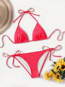 Women's Simple Solid Color Swim Bikini With A Halter Neck And Cutout, Suitable For Beach Vacations And Summer. - Rosa 2 - View 3