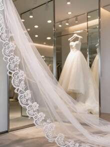1pc Ivory Embroidered Elegant Cathedral Train Long Soft Mesh Veil, 2025 Lace Bridal Veil Fall Clothes For Women - White - View 10