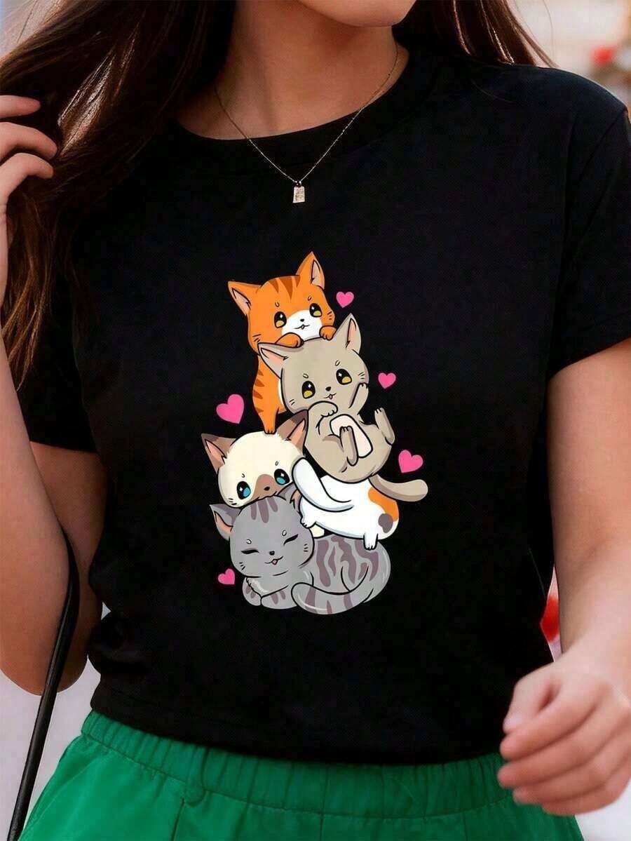 Camiseta gráfica para mujer con encantador estampado de gatitos kawaii estilo anime neko. Diseño adorable y ligero, ideal para el verano, perfecta como regalo y para looks casuales y juveniles. - Blanco - Ver 1