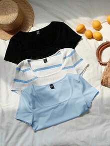 3 piezas de camisetas cortas básicas de cuello redondo y cortas para mujer en marrón café y blanco, ropa de otoño - Azul 2 - Ver 4