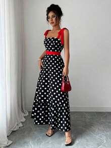 XHEElenzga Vestido de tirantes con estampado de lunares para mujerXHE - Negro - Ver 7
