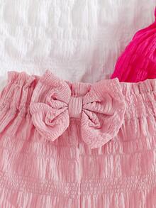 4 piezas Pantalones cortos tipo bombacho con decoración de moño 3D en unicolor para niñas, adecuados para salidas diarias en verano - Multicolor - Ver 6