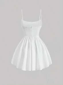 Elegante vestido de tirantes con fruncido en la cintura de color liso - Blanco 3 - Ver 2